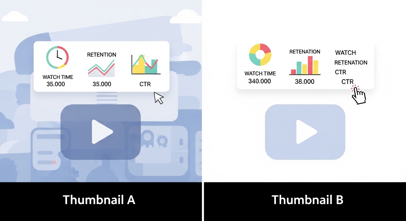A/B testing thumbnails và biểu đồ watch time — thử nghiệm A/B để tối ưu chiến lược nội dung