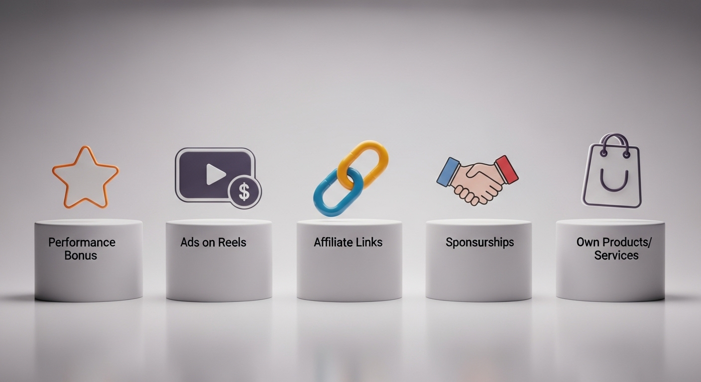 Năm kênh kiếm tiền chính: Performance Bonus, Ads on Reels, Affiliate, Sponsorship, và bán sản phẩm/dịch vụ riêng.