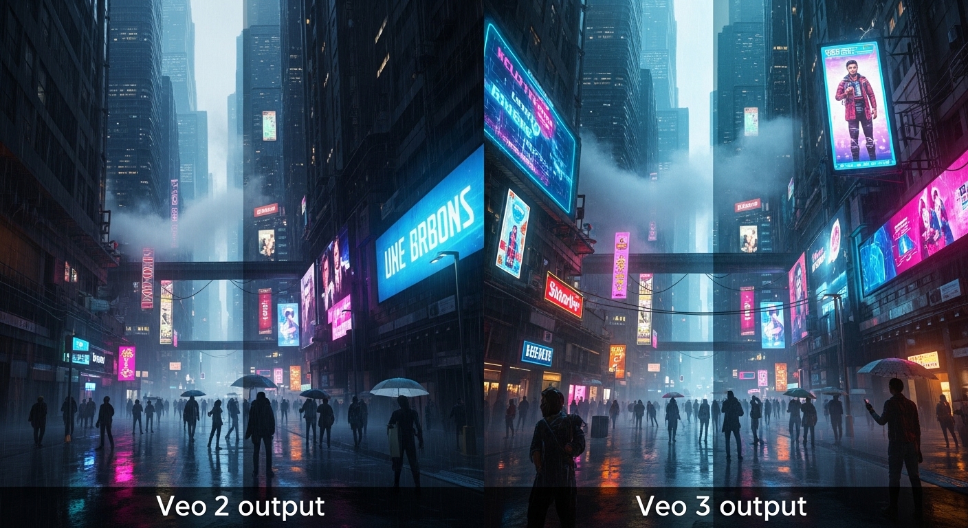 Cảnh thành phố tương lai so sánh Veo 2 và Veo 3: neon phản chiếu (Veo 2) và cyberpunk siêu chi tiết (Veo 3) - ví dụ prompt