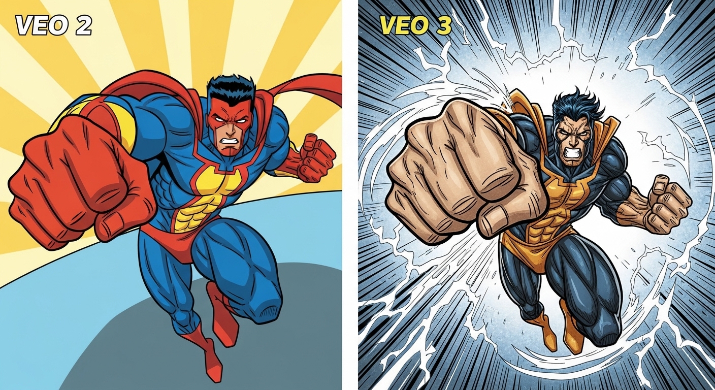 Illustration truyện tranh so sánh Veo 2 vs Veo 3: Veo 2 đường nét dày, Veo 3 mực kết cấu và hiệu ứng động - ví dụ prompt