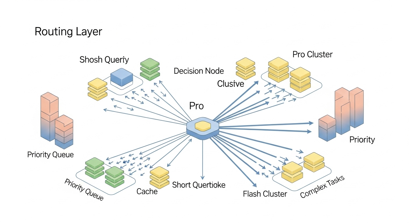 Sơ đồ model hybrid: routing layer chuyển prompt giữa Gemini Flash 2.5 (real-time) và Gemini 2.5 Pro (tác vụ phức tạp)