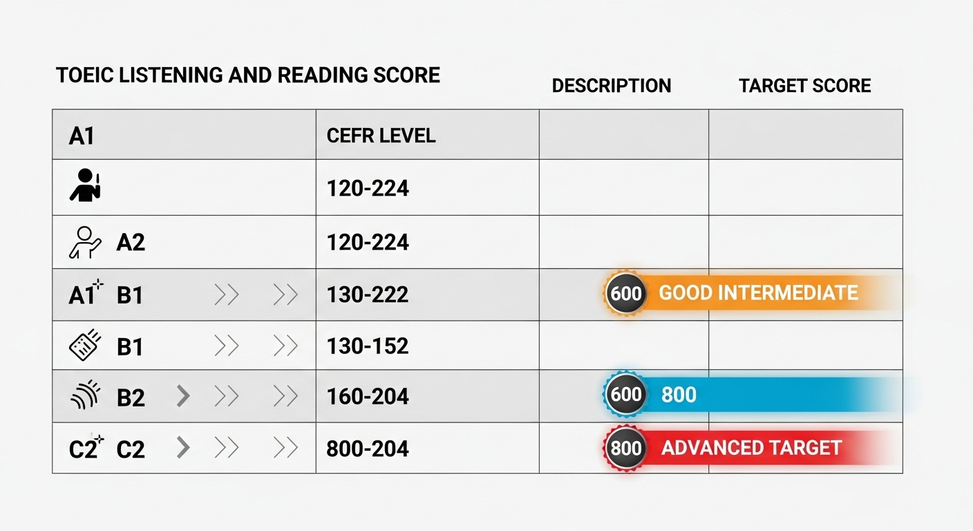 Bảng quy đổi TOEIC sang CEFR đơn giản – các mốc 600 điểm TOEIC và 800+ TOEIC