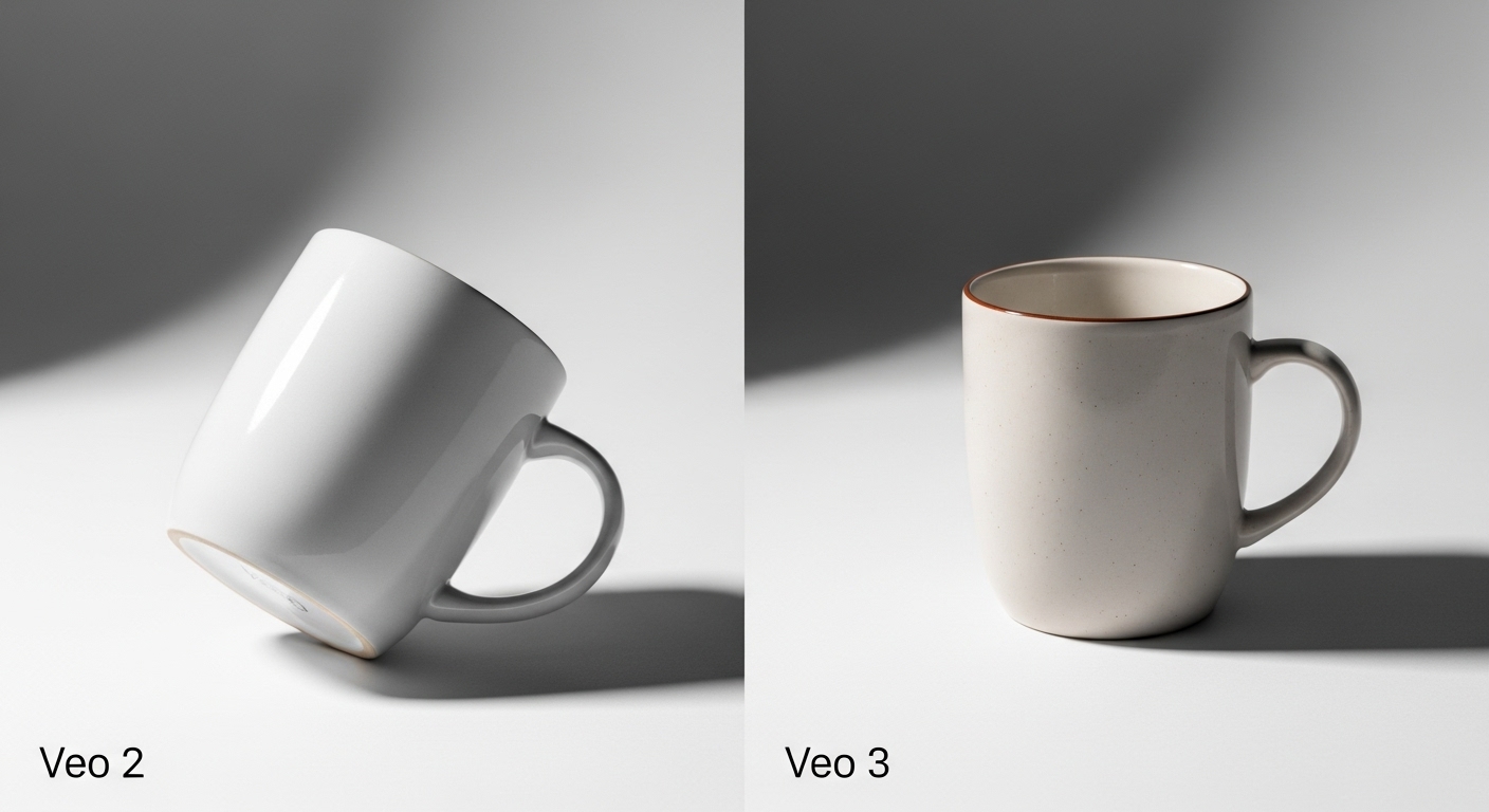 Product shot so sánh Veo 2 và Veo 3: mug gốm nền trắng (Veo 2) và ảnh studio chi tiết cho e-commerce (Veo 3)