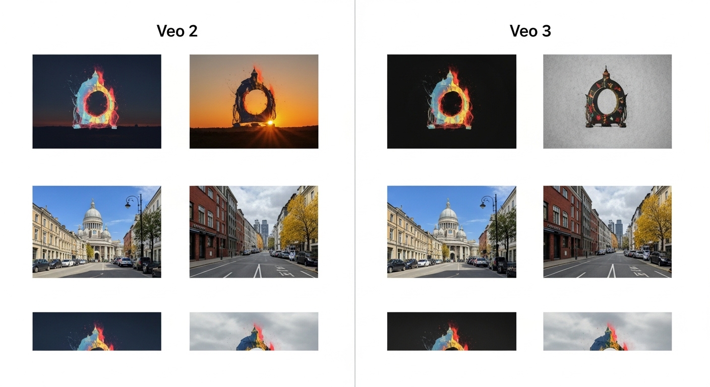 Gallery ví dụ prompt song song Veo 2 vs Veo 3 - minh họa độ dài prompt và từ khóa cho từng phiên bản