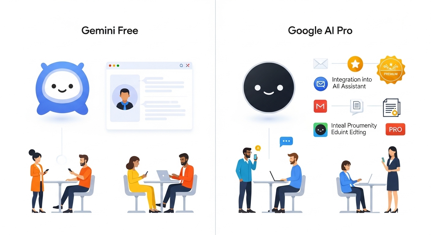 So sánh trực quan hai cấp Gemini: Free dành cho người dùng phổ thông, Pro cho chuyên gia tích hợp sâu vào quy trình làm việc.