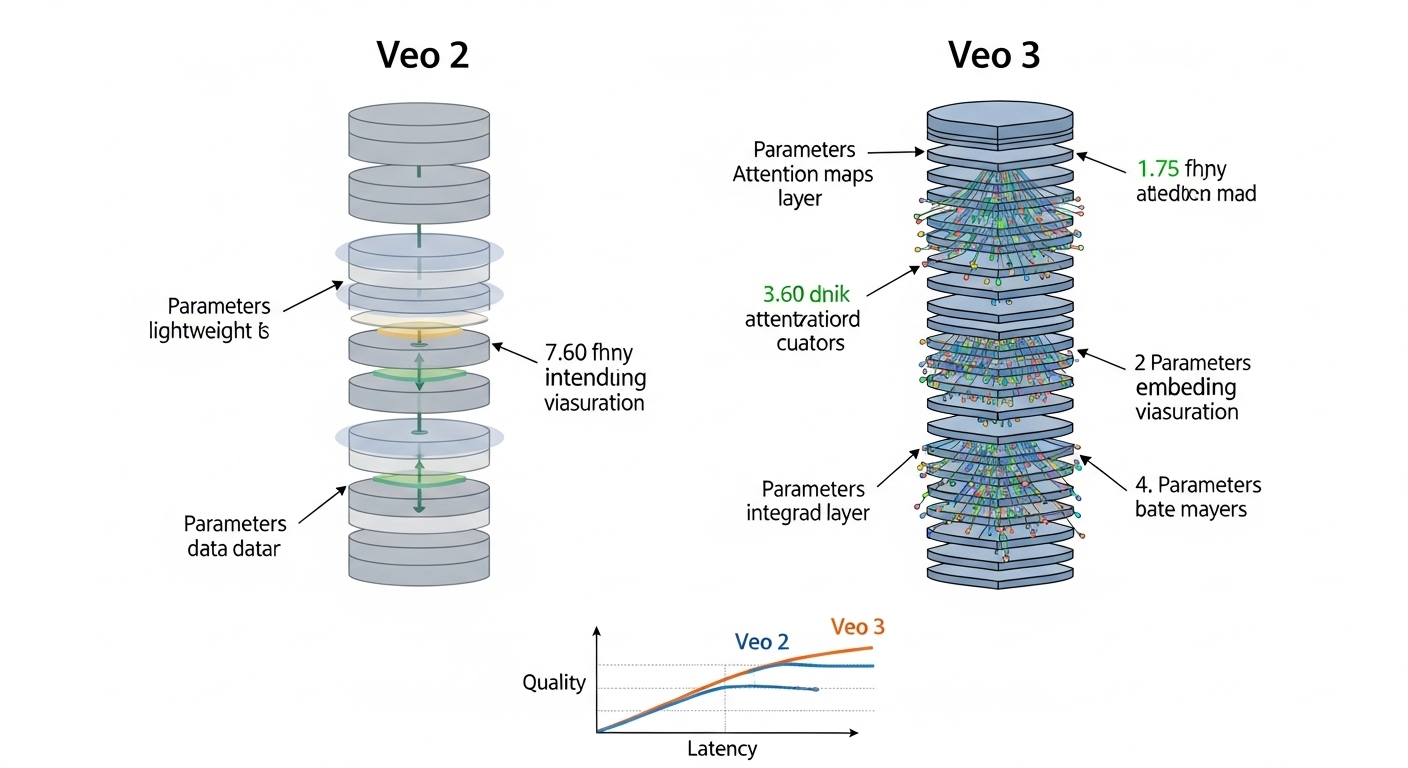 Minh họa kiến trúc Veo 2 vs Veo 3: Veo 2 nhẹ, Veo 3 nhiều lớp embedding - so sánh kiến trúc và hiệu năng