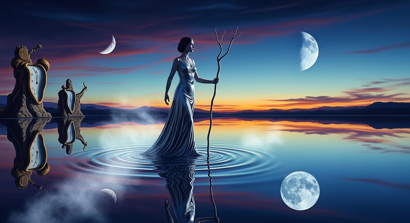 Nghệ thuật siêu thực: tham chiếu nghệ sĩ/phong cách (Dalí) + yếu tố bất khả thi (hai mặt trăng, hồ gương) để hướng AI tạo hình ảnh mang tính biểu tượng và gây ấn tượng.